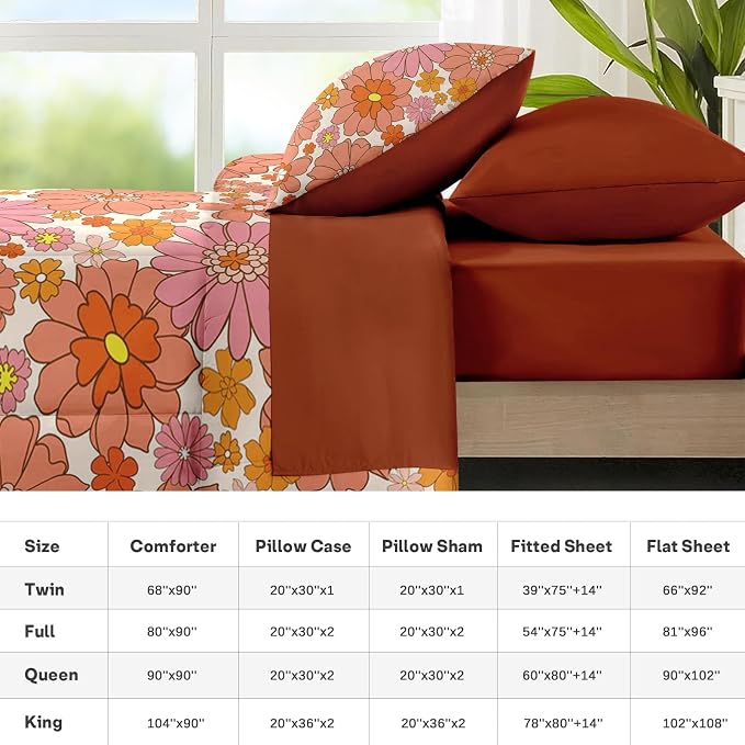 Nesker 7 Pcs Comforter Set Full Size, Retro Vintage Pink Bedding Set for Kids and Adults, Orange Floral Flower Bed Sheet Sets with Fitted Sheet 2 Pillowcases & 2 Shams