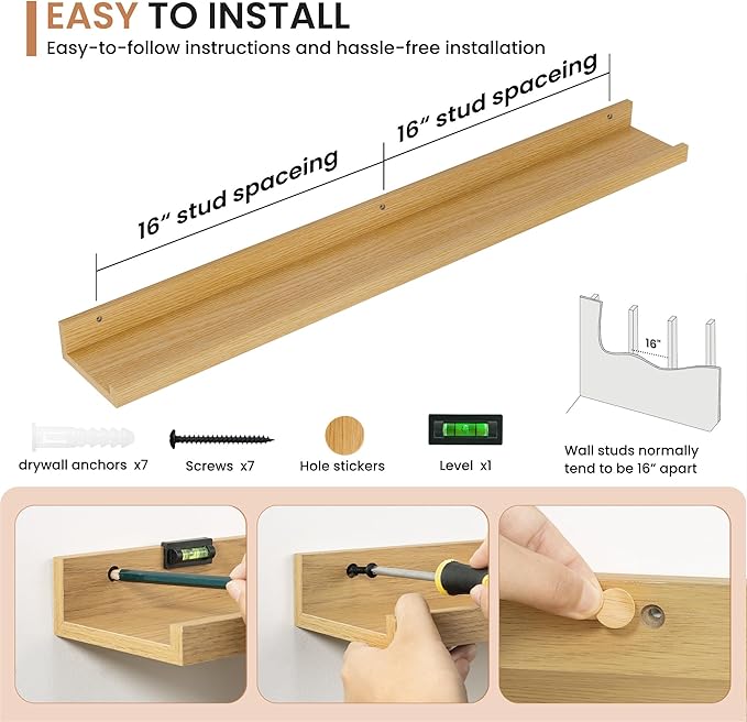 Dreamland Picture Ledge Shelf for Wall, Floating Shelves Set of 2, 36 Inch Long Floating Shelves with Lip for Living Room, Bedroom, Bathroom, Kitchen, Oak