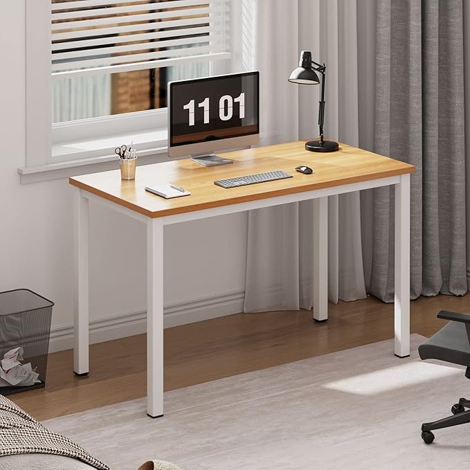 Need 39.4 inch Small Computer Desk, Sturdy Writing Desk for Small Spaces, Teens Computer Desks Study Table Laptop for Home Office, White Metal Frame, Teak Tabletop