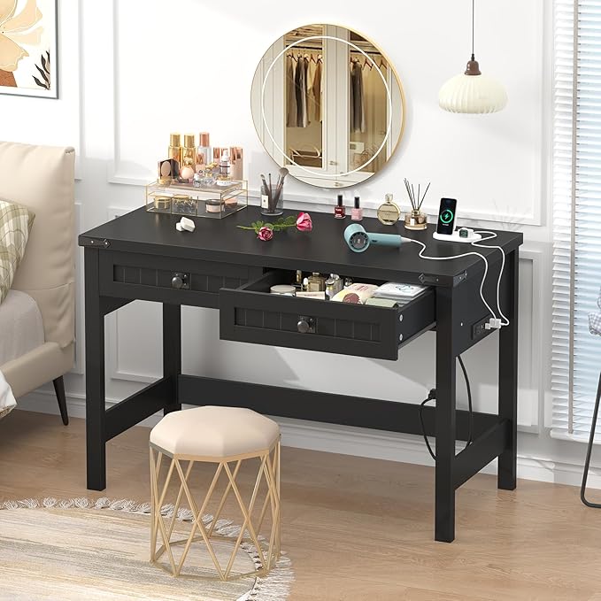 YOMILUVE Farmhouse Computer Desk with 2 Drawers, 39 Inch Small Black Computer Desk with Power Outlets, Home Office Desk Compact Writing Study Table for Small Spaces