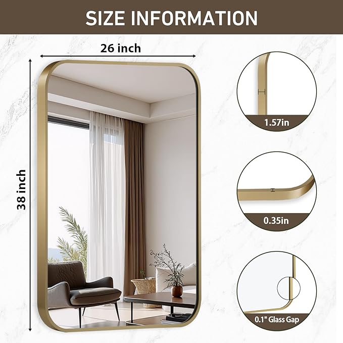 Gold Mirror, 26x38 Inch Gold Rectangle Mirror, Aluminum Alloy Framed Vanity Mirror, Rounded Rectangle Bathroom Mirror for Over Sink, Anti-Rust Wall Mirror (Horizontally or Vertically)