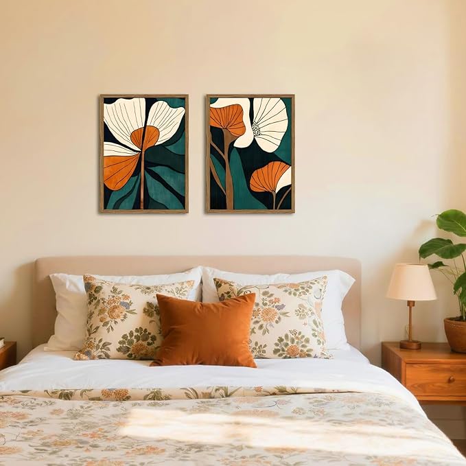 Mid Century Modern Flower Wall Art Vintage Abstract Botanical Wall Decor Painting Set of 2 Boho Dark Floral Poster Canvas Print Pictures for Living Room Bedroom 16x24 inch Wood Framed