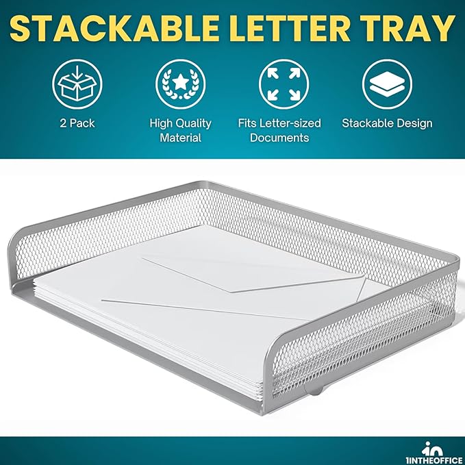 Stackable Side Load Letter Tray, Silver Wire Metal Mesh Paper Tray Organizer, 2 Trays