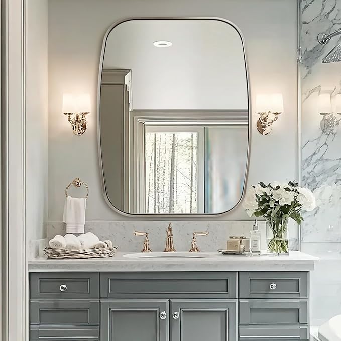 ANDY STAR Brushed Nickel Oval Bathroom Mirror for Over Sink, 28x36 Inch Bathroom Vanity Mirror with Unique Oblong Tube Metal Frame-Modern Clean Design with Anti-Rust Stainless Steel Frame
