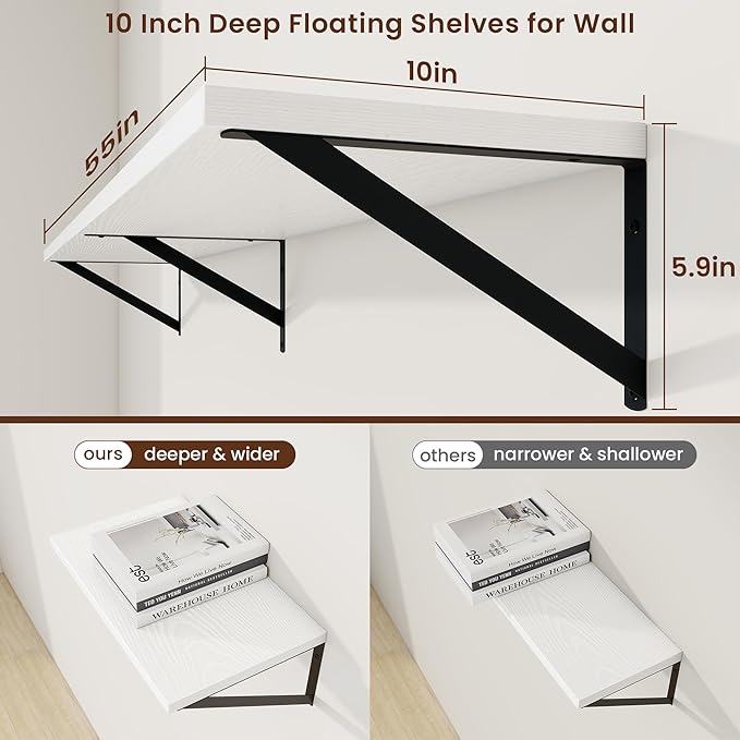 Axeman Deep Floating Shelves | 55 Inch White Wall Shelves Set of 2 | 10 Inch Deep Wood Floating Shelves for Wall | 55" W x 10" D White Shelves for Living Room Bathroom Kitchen