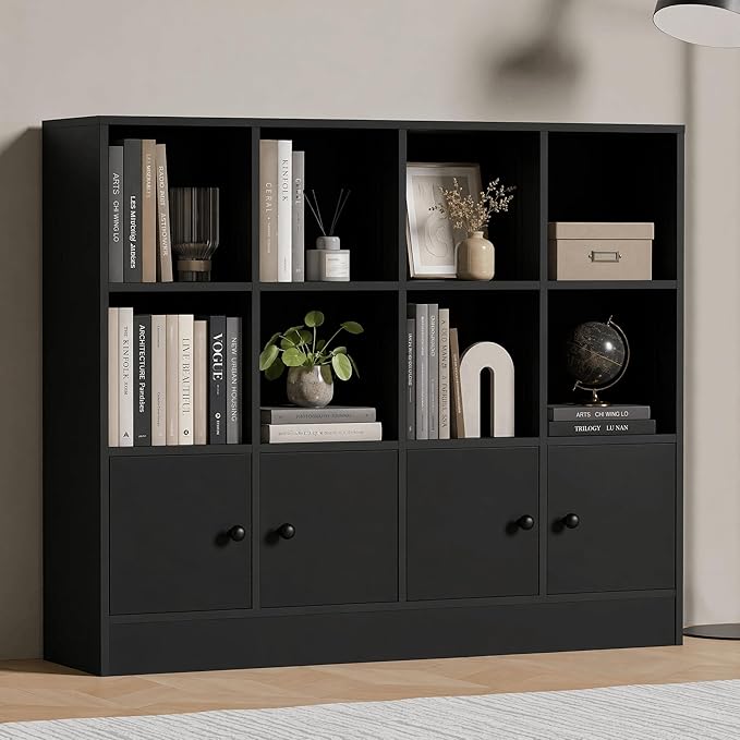 Cozy Castle Black Wood Bookcase, 12 Cube Display Shelf with 4 Doors, 3 Tier Open Bookshelf with Adjustable Shelves for Living Room, Home Office, Entryway