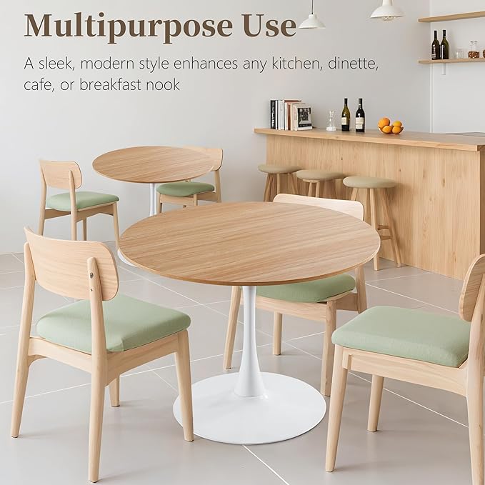 42 Inch Round Dining Table,Mid-Century Tulip Table with Metal Pedestal Base,Modern Leisure Table for Small Space Kitchen Dining Room,Easy Assembly,White and Oak