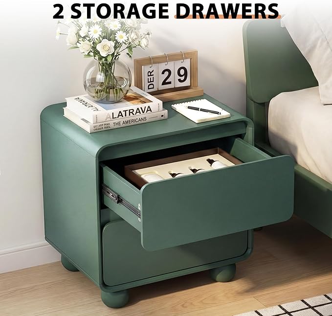 AVZEAR Modern 2 Drawer Dresser, 2 Drawer Nightstand Small Wooden Dresser Chest of Drawers, Handle Free & Curved Profile Design Sofa End Table for Living Room, Nursery, Green