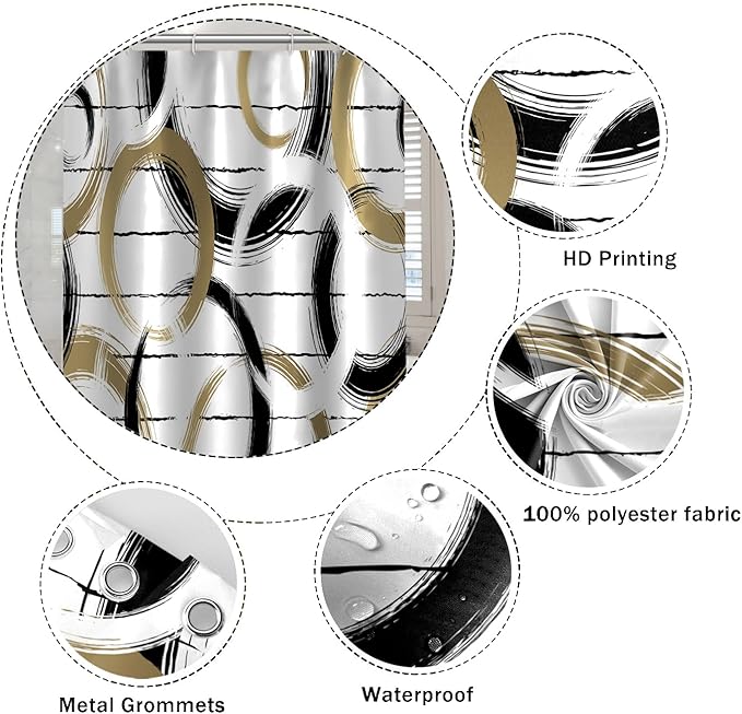 Modern Abstract Style Shower Curtain Black White Round Pattern Geometric Lines Shower Curtains for Art Aesthetic Bathroom Waterproof Fabric Decor Set with Hooks, 36W x 72H Inch