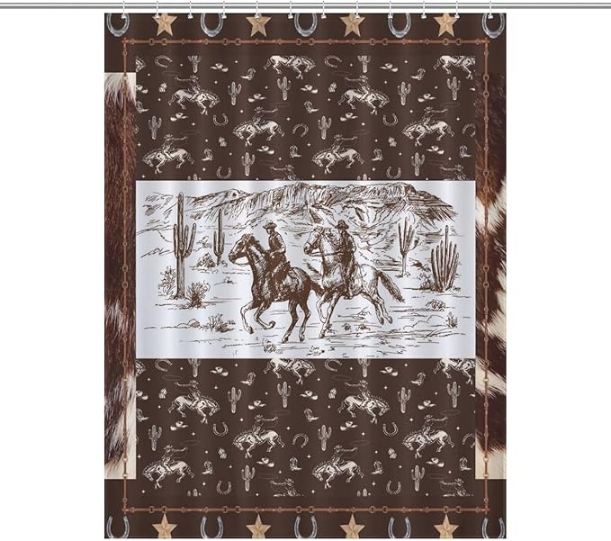 Western Horse Cowboy Shower Curtain for Boys Men Kids Teens Rustic Country Wild West Waterproof Shower Curtains for Bathroom Decor 12 Pack Hooks 55x72in（140x183cm）