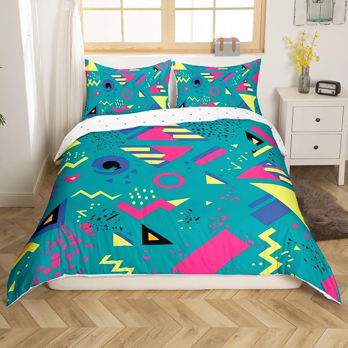 80s 90S Fashion Style Bedding Set Queen Size,Retro Memphis Style Pattern with Geometrical Shapes Duvet Cover for Kids Child,Funky Hipster Old Fashioned Comforter Cover Geometric Bedroom Decor