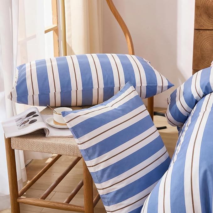 Merryword Blue and White Striped Duvet Cover Set King Size 100% Cotton Bedding Set with Modern Coastal Style Soft Breathable Linen Like Bedding Set 3 Pieces