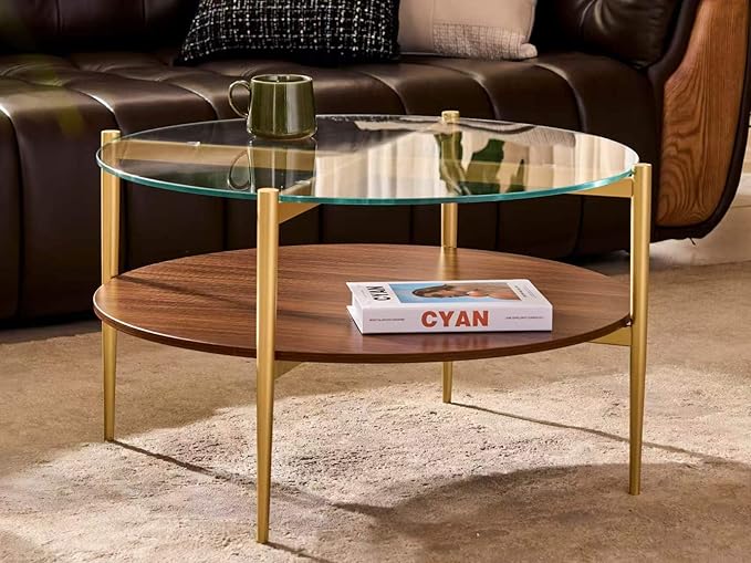 Shrine Round Glass Coffee Table, Mid-Century Modern Design, D30 x H17 in, 2-Tier Structure, Clear Glass Top and Walnut MDF Shelf, Sleek Conical Metal Legs with Gold Finish