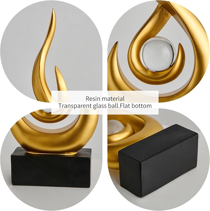 Octdays Gold Abstract Statue Sculpture Decorations, Modern Sculptures Home Décor Accents, Resin Art Flame Figurines for Living Room Table Centerpiece Office Desk TV Stand Decor