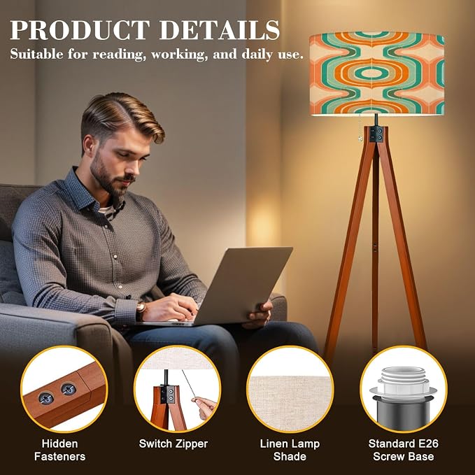 Wood Tripod Floor Lamp 50s Mid Century Modern Seamless Mid Century Standing Lamp Linen Shade Dimmable Modern Tall lamp Home Decor for Living Room Bedroom Office