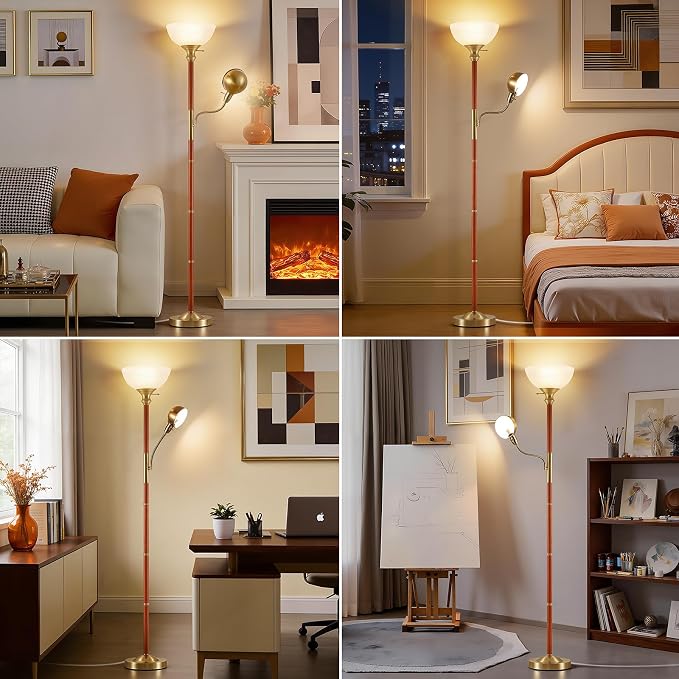 EJIAXIN Wood Floor Lamp for Living Room - Gold Torchiere Floor Lamps for Bedroom Standing Lamp with Glass Shade - Mid Century Modern Corner Tall Lamps for Home Office Nursery Reading Light,2 Head