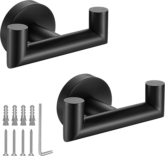 Towel Hooks for Bathrooms,Matte Black Towel Hook for Kitchen Bathroom,SUS304 Stainless Steel Coat Hook,Heavy Duty Double Towels Holder Hooks for Hanging Towels,Coats,sponges,Clothes,Wall Mount,2 Pack