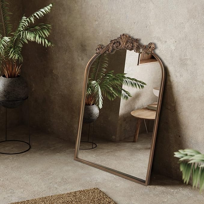 Gold Traditional Vintage Ornate Baroque Mirror,Gold Brass Mirror for Wall,Victorian Antique Bronze Mirrors Arched for Bathroom/Living Room/Hallway/Fireplace 19"X27"