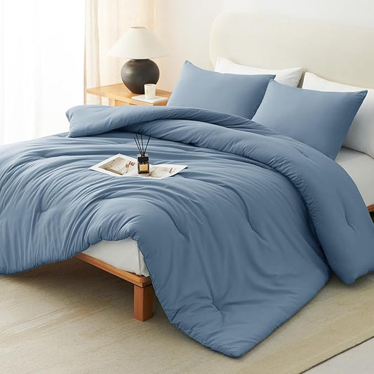 CozyLux Oversized King Comforter Set Grayish Blue, 3 Pieces 120"x98" Lightweight Down Alternative Quilted Bedding Sets, Dusty Blue All Season Solid Comforter with 2 Pillowcases, Bed Set Gift for Home