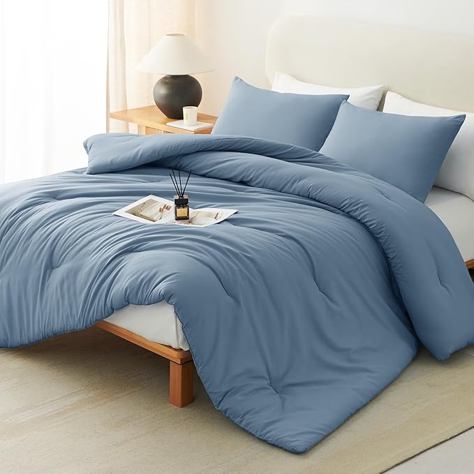 CozyLux Full Size Comforter Set Grayish Blue, 3 Pieces Lightweight Down Alternative Quilted Bedding Set, Dusty Blue All Season Soft Breathable Solid Comforter with 2 Pillowcases, Bed Set Gift for Home