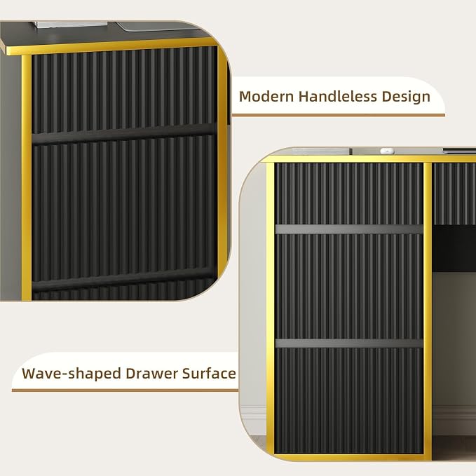 4 EVER WINNER Computer Desk with Drawers, 47'' Fluted Small Desk for Bedroom, Wood Office Desk with File Drawers for Study, Living Room, Black and Gold