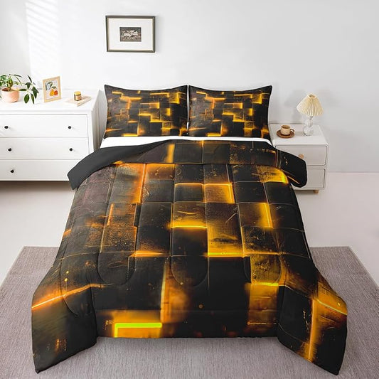 Black Orange Abstract Comforter Twin Gradient Square Twin Bedding Set, Geometric Grid Down Comforter Neon Checkered Bed Set Glowing Plaid Quilted Duvet 3D Modern Bedroom Decor 2pcs (Black Reversible)