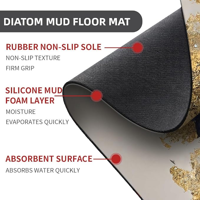 Diatomaceous Earth Bath Mat,Watercolor Flowers Gold and Blue Non-Slip Volume Super Absorbent Fast Drying for Bathroom Kitchen Door mat,Eco-Friendly Easy to Clean 16×24Inch (40 * 60cm)