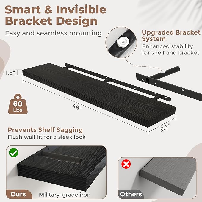 Floating Shelves for Wall with Invisible Brackets, Wall Mounted Engineered Wood Shelves with Wood Grain for Living Room, Bedroom, Bathroom, Kitchen Decor and Storage, Oak, 48"L Set of 2, Black