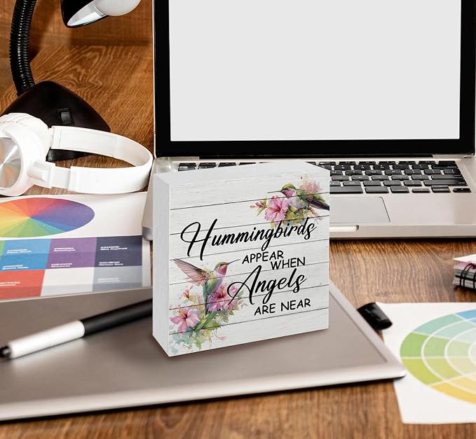 Hummingbird Decor, Hummingbird Gifts For Women, Hummingbirds Appear When Angels Are Near Wooden Box Signs, Farmhouse Floral Bird Wood Decoration Home Decor For Desk Table Shelf 6x6 Inch Decorative Signs & Plaques