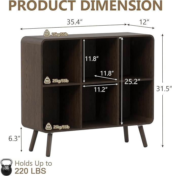 YOSHOOT 6 Cube Bookshelf - 35.4" Wood Cube Bookcase with Legs, Open Cubby Bookshelves with Curved Profile Design for Bedroom, Living Room,Home Office, Walnut