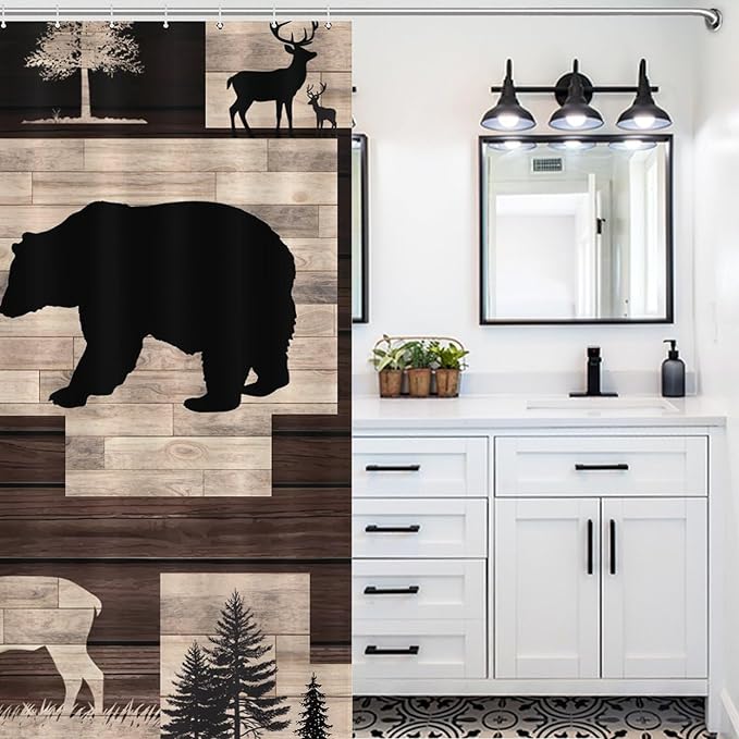Rustic Cabin Bear Animals Shower Curtain Deer Forest Wildlife Wooden Country Lodge Hunting Camping Animal Waterproof Shower Curtains for Bathroom Decor 12 Pack Hooks 66x72in（168x183cm）