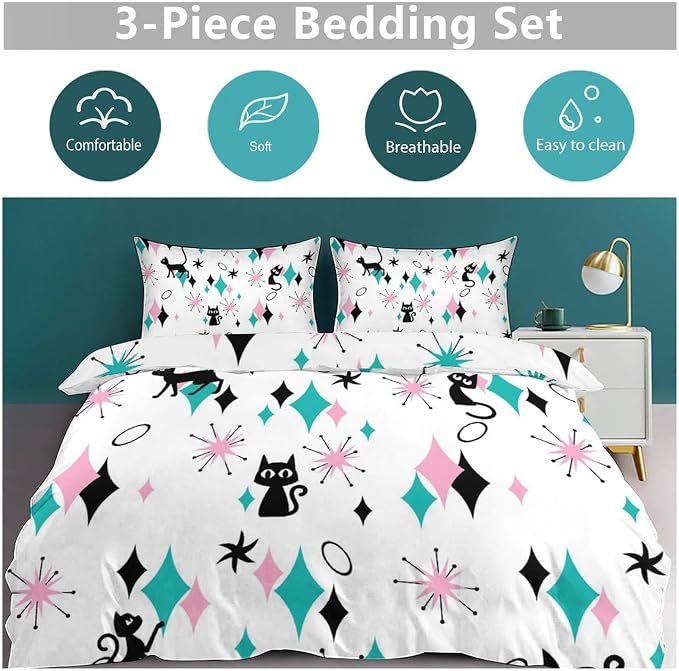 Geometry Modern Bedding Set,Mid Century Black Cat Abstract Atomic Geometric Vintage 1950s 1960s Pattern Print Yellow Comforter Set with Pillowcase for Bedroom Bed Decor,King 102"x90"