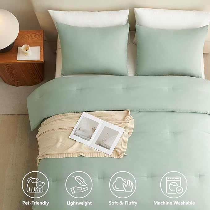 CozyLux Full Size Comforter Set Sage Green, 3 Pieces Lightweight Down Alternative Quilted Bedding Sets, All Season Soft Breathable Solid Comforter with 2 Pillowcases, Luxury Bed Set Gift for Home