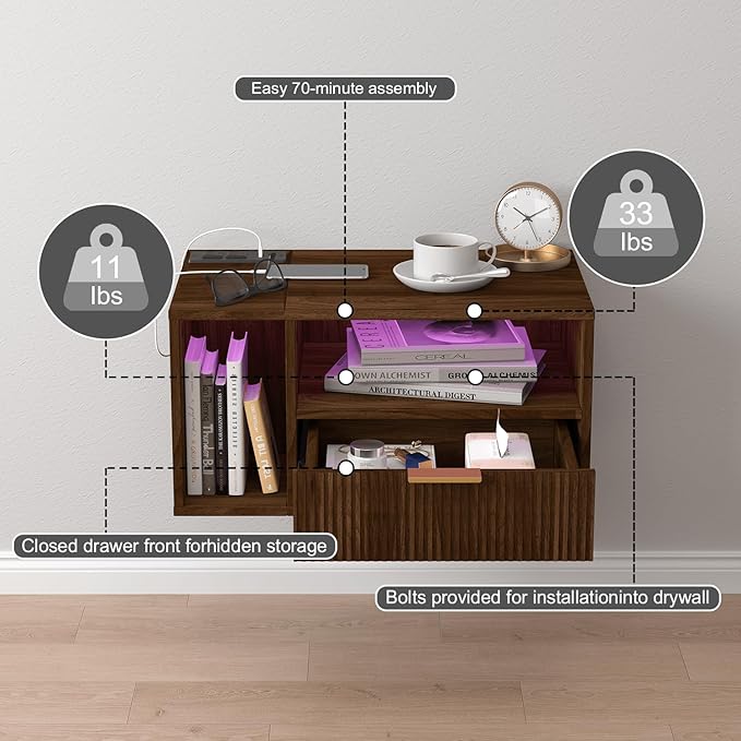 Floating Nightstand with Charging Station and LED Lights, Walnut Brown