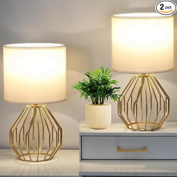 Small Gold Table Lamps, Set of 2 Bedside Nightstand Lamps with White Fabric Shade, Metal Base, Hollow Geometric Desk Lamps for Bedroom, Living Room, Office