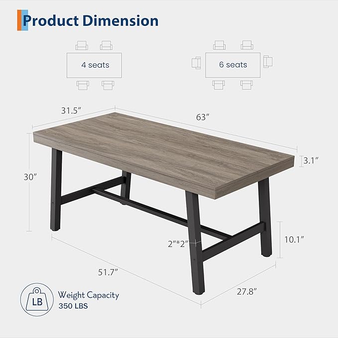 GarveeHome Industrial Dining Table for 4-6 People, 63" Long Wooden Kitchen Table with Sturdy Metal Frame & Black Finish - Seats 4 Rectangular Counter for Dinner, Kitchen, Dining Room - Grey Walnut