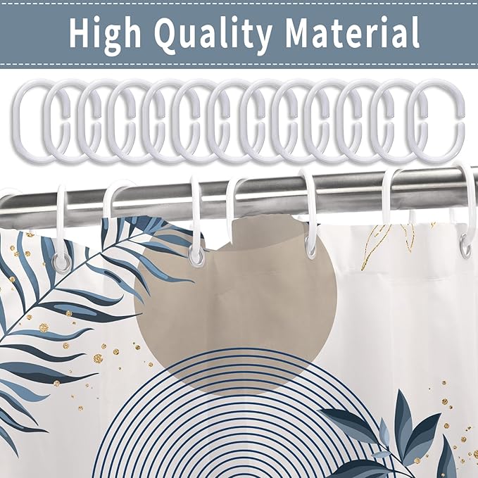 Boho Mid Century Shower Curtain, Navy Blue Modern Minimalist Abstract Geometric Gold Plant Leaves Sun Arch Bathroom Curtains Waterproof Fabric Buthtub Curtain Set with Hooks 60" Wx72 L