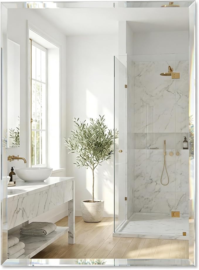 22 x 30 Inch Rectangular Bathroom Mirror, Frameless Beveled Vanity Mirror for Over Sink, Solid-Backed 2-Way Wall Mirror for Powder Room and Entryway