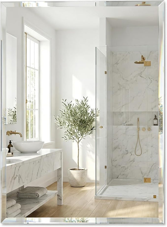 22 x 30 Inch Rectangular Bathroom Mirror, Frameless Beveled Vanity Mirror for Over Sink, Solid-Backed 2-Way Wall Mirror for Powder Room and Entryway