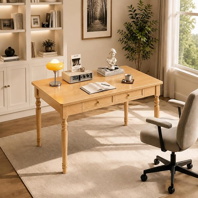 Walnut Writing Desks with Drawers, 47" Solid Wood French Country Style Computer Desk for Home Office, Living Room Study Workspace or Bedroom, Traditional Vanity Dressing Table