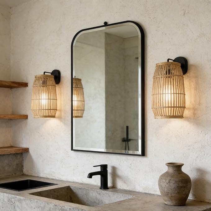 POZINO Beveled Mirror Over Sink, 22"x35" Black Arched Bathroom Mirror, Modern Rounded Rectangle Mirrors with Stainless Steel Frame, Vanity Wall Mirrors for Bedroom Living Room Entryway Fireplace