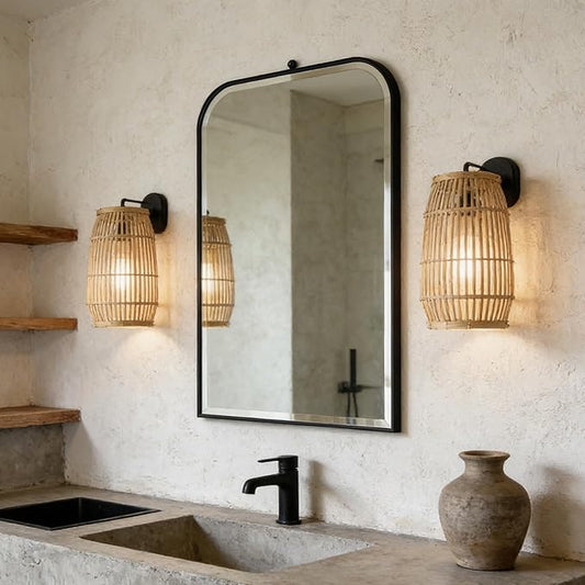 POZINO Beveled Mirror Over Sink, 22"x35" Black Arched Bathroom Mirror, Modern Rounded Rectangle Mirrors with Stainless Steel Frame, Vanity Wall Mirrors for Bedroom Living Room Entryway Fireplace