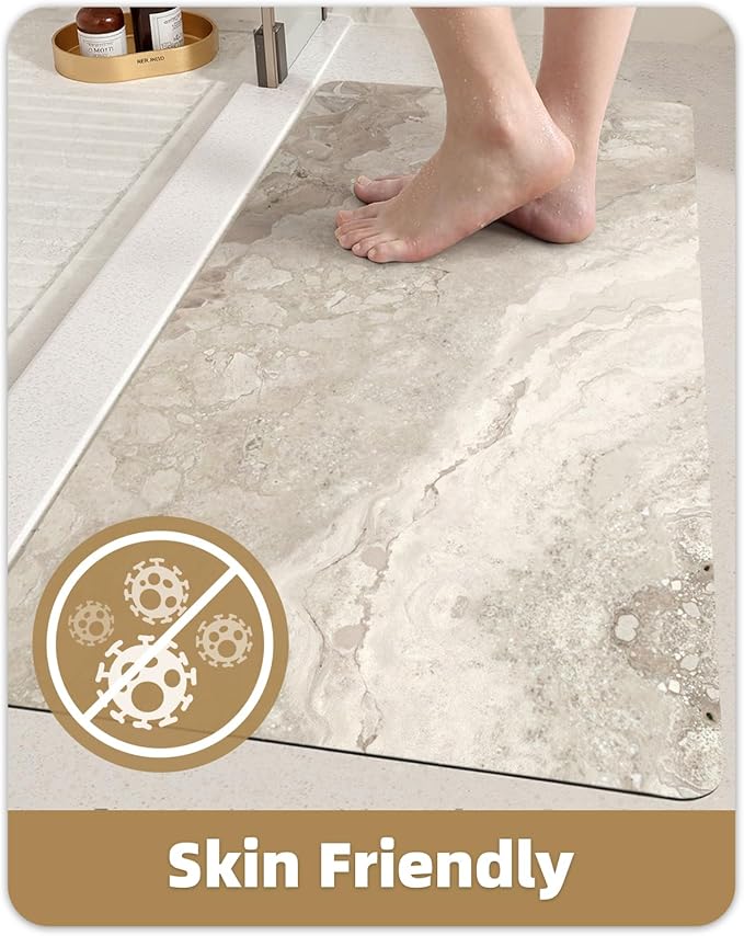 Color&Geometry Beige Stone-Texture Bathroom Rug, Ultra-Thin, Non Slip, Washable and Quick Dry Shower Mat, 17"x30" Small Luxury Shower Mat for Bathroom Floor/Outside Shower
