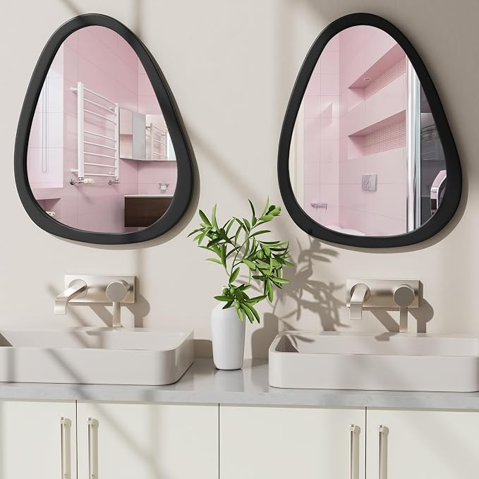 22.5" x 17.5" Irregular Wall Mirror, Black Wooden Framed Mirror, Asymmetrical Wall Mirror for Living Room Bedroom Bathroom Entryway, Small Modern Decorative Hanging Hook Style Mirror