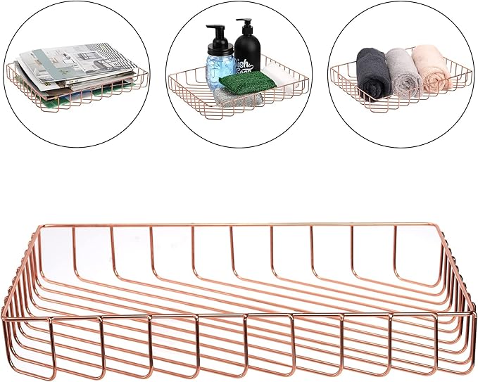 Okllen 3 Pack Wire File Tray, Rose Gold Desk Paper Letter Tray, Magazine Files Storage Basket Organizer Bin for Office, Pantry Home, Classroom, School