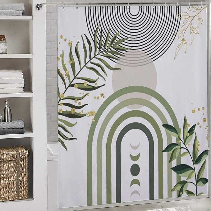 Boho Plant Shower Curtain,Mid Century Green Plant Leaves Shower Curtain Set for Bathroom,Bohemian Modern Abstract Minimalist Fabric Bath Curtain with Hooks,72x78Inch
