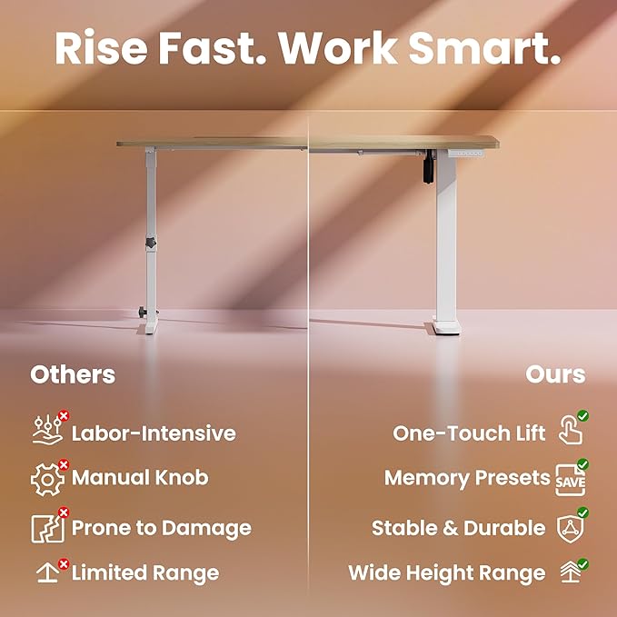 HUANUO Electric Standing Desk,48" x 24" Height Adjustable Desk, 4 Memory Height Settings, Sit to Stand Up Desk for Home Office, with Headphone Hook, Cable Manager, Natural