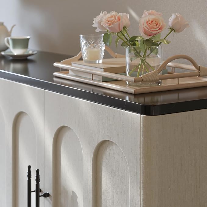 Evermagin 67" Arched Buffet Cabinet with Storage, Warm White 4-Door Sideboard Credenza, Mid Century Modern Storage Cabinet for Kitchen, Dining Room and Living Room, 67" W x 31.5" H x 15.7" D