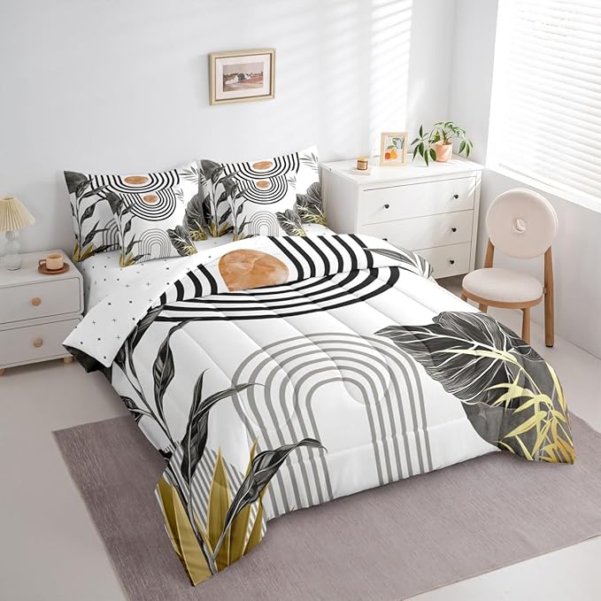 Erosebridal Modern Boho Bedding Set Twin Grey White Aesthetic Comforter Set 7 Piece Abstract Mid Century Bed in A Bag for Kids Girls Women Simple Tropical Palm Leaf Quilt with Flat Fitted Sheet
