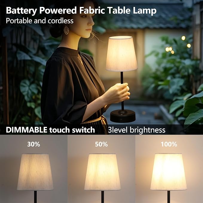 MEIXISUE Cordless Rechargeable LED Table Lamp with Dimmer,Black Portables Desk Lamp,Small Bedside Lamp,Battery Operated Lamp for Patio Balcony Corner Camping Bar RV
